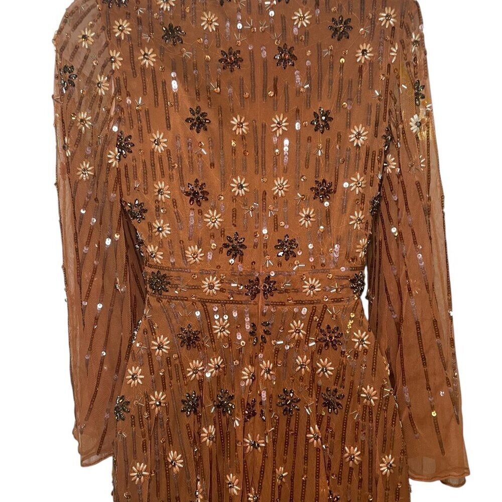 Mac Duggal Cognac Sequin Midi Dress 94076 Long Sleeve V-Neck Size 2 - Picture 5 of 6